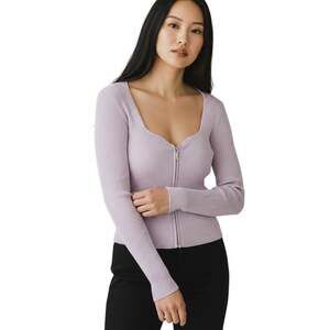 Pink Rose Ribbed Knit Sweater, Front Zip Long Sleeve Cardigan, Womens Sz M, New